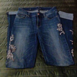 White House Black Market Slim Jeans with Flowered Sequin Appliques